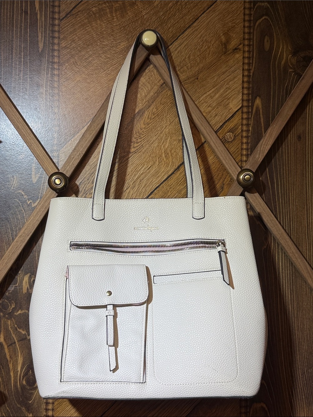 Nanette Lepore Ivory Pebbled Faux Leather Tote with Front Pockets - Picture 1 of 6